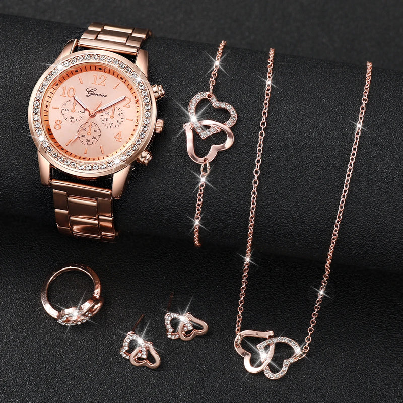 6PCS Conjunto Watch Feminino | Rhinestone, Stainless Steel, Quartz