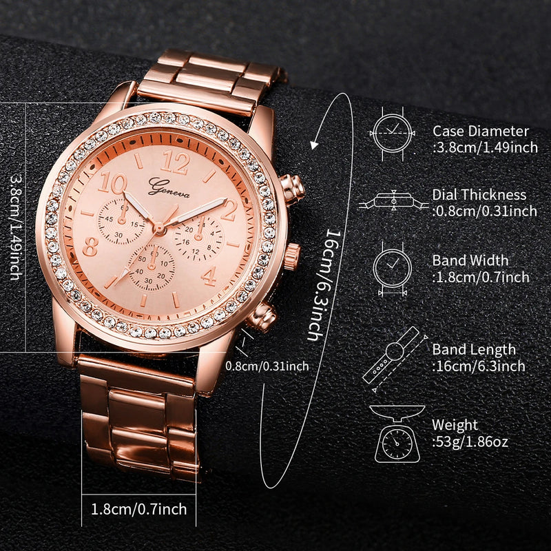 6PCS Conjunto Watch Feminino | Rhinestone, Stainless Steel, Quartz