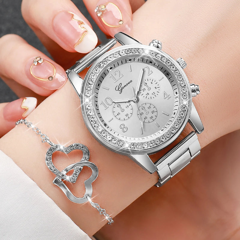 6PCS Conjunto Watch Feminino | Rhinestone, Stainless Steel, Quartz