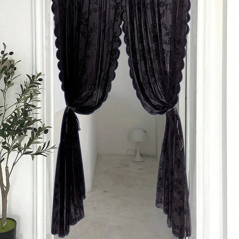 Black Floral Lace Curtain - Elegância e Transparência