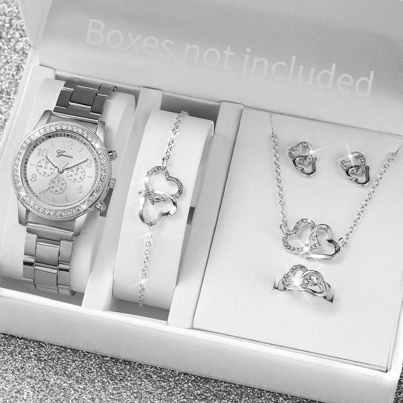 6PCS Conjunto Watch Feminino | Rhinestone, Stainless Steel, Quartz